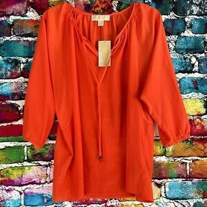 NWT Micheal Michael Kors Poppy Orange Peasant Style Shirt Top Blouse Small